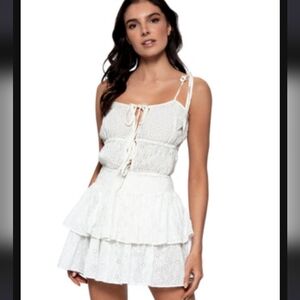 PQ Womens Cotton Eyelet Lace Lightweight Tiered Micro Mini Skirt White M/L $120